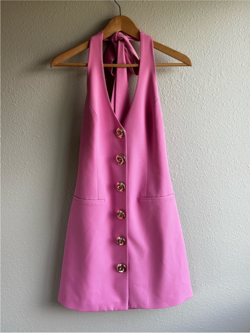 Pink Halter Mini Dress with Gold Buttons - Picture 4 of 10